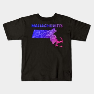 Colorful mandala art map of Massachusetts with text in blue and violet Kids T-Shirt